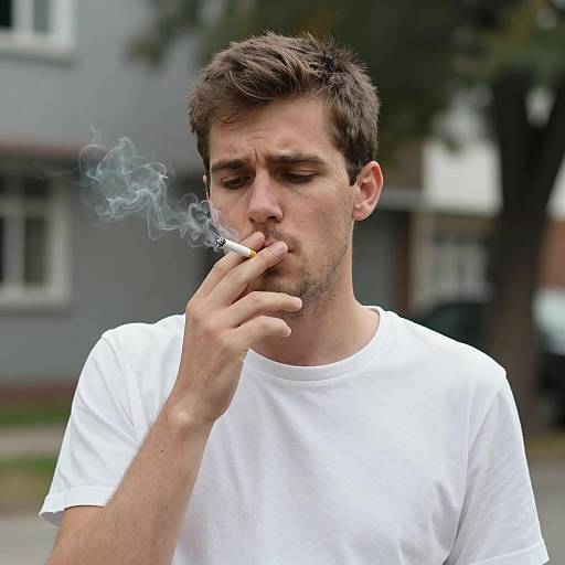 Man Smoking Outdoors with Neutral Expression