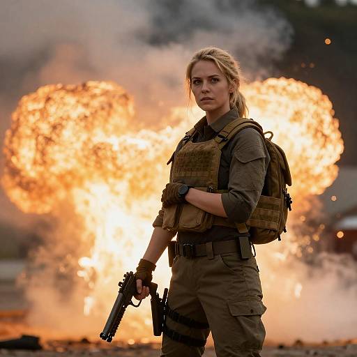 Blonde Warrior Amidst Fiery Chaos