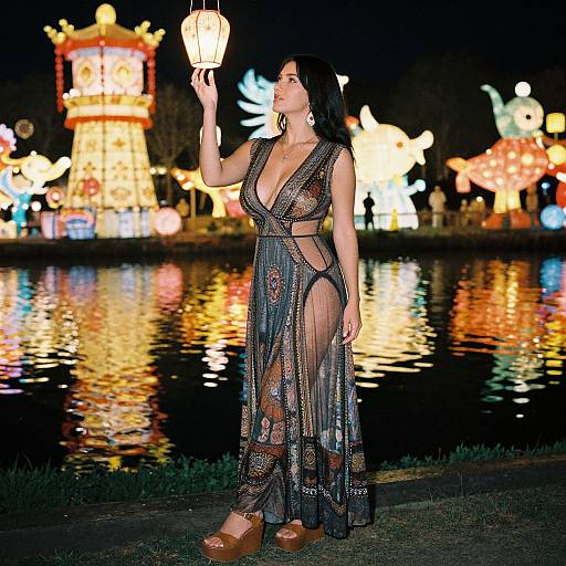 Photograph of a woman with long black hair in a sheer, black, deep V-neck dress with floral patterns, standing by a lake at night,