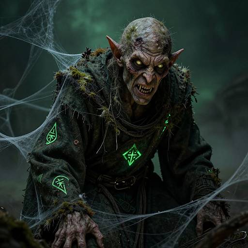 Digital artwork of a menacing, bald, green-eyed orc with sharp teeth, wearing tattered, glowing-green rune-adorned dark robes, surrounded by