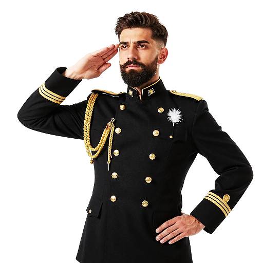 Photograph of a bearded man in a black military uniform with gold buttons, epaulettes, and chain, saluting with right hand.