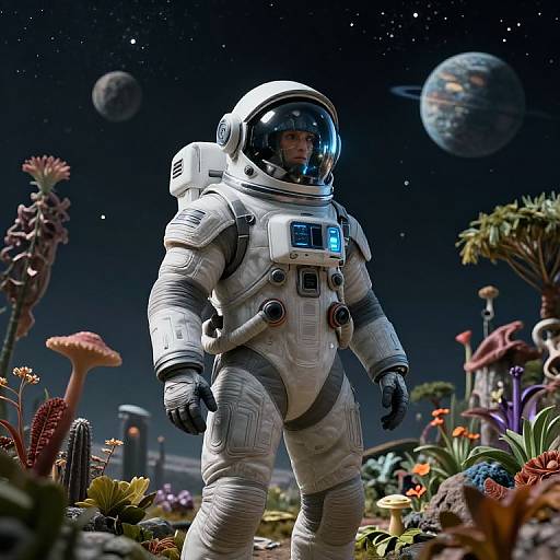Photorealistic CGI of a white-suited astronaut with a glowing blue chest panel standing in a vibrant, alien planet garden with colorful flora and distant planetary
