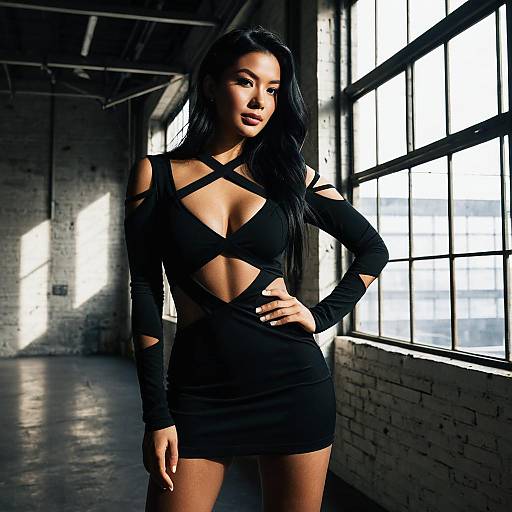 Woman in Black Cutout Bodycon Dress in Industrial Loft