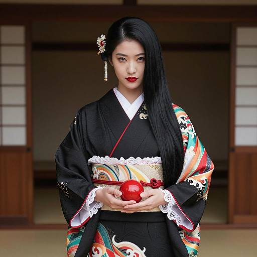 East Asian Woman in Traditional Japanese Kimono Holding Red Orb