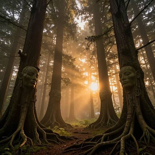 Sentient Trees in Misty Sunset Forest