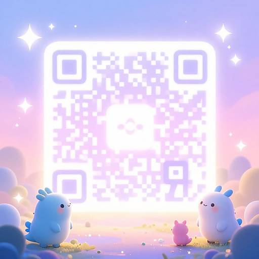 CGI image of two fluffy blue and white puffy creatures, one pink, in front of a glowing QR code with a pastel sky and sparkling