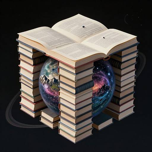Digital artwork of a cube-shaped stack of books with an open book on top, containing a glowing, cosmic galaxy sphere.