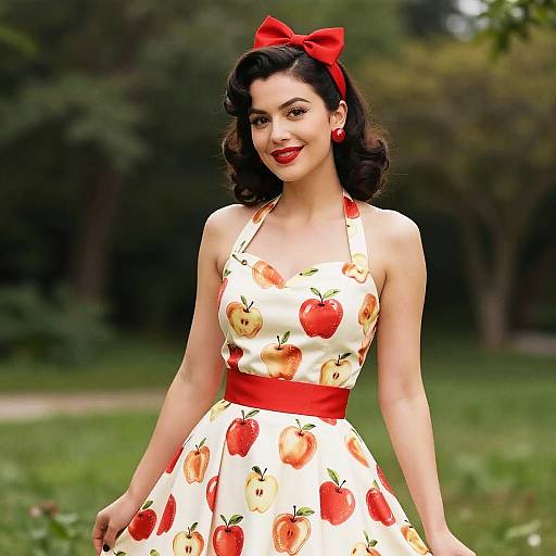 Vintage-style photograph of a smiling woman with dark wavy hair, red bow, red earrings, and apple-print dress, standing in a lush green park