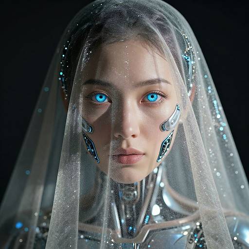 Digital art of a futuristic, blue-eyed woman with glowing cybernetic features, wearing a transparent veil and silver armor, set against a dark background.