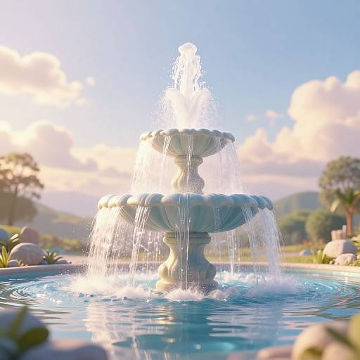 Photorealistic CGI of a sunlit, two-tiered stone fountain, with clear water cascading into a blue pool, surrounded by lush greenery