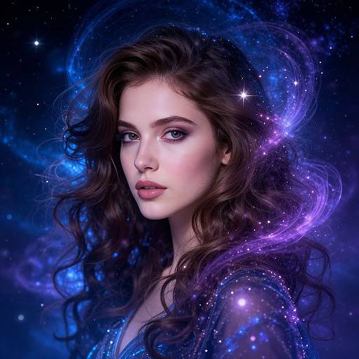 Digital artwork of a fair-skinned, blue-eyed woman with long, wavy brown hair, surrounded by glowing purple and blue cosmic swirls and stars