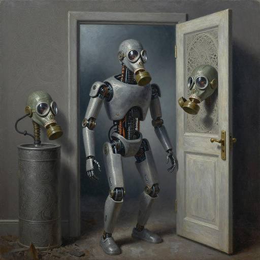 Surreal Robot with Gas Masks and Door Ajar