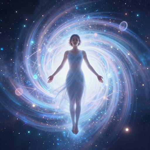 Silhouetted woman in white dress floating in a glowing, swirling cosmic vortex with stars and planets in a dark space background. Digital art.
