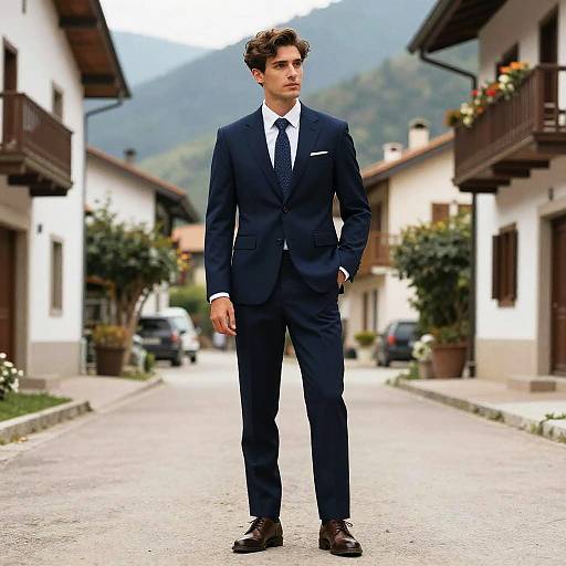 Photograph of a handsome young man with curly brown hair, wearing a dark navy suit, white shirt, and black tie, standing on a quaint,