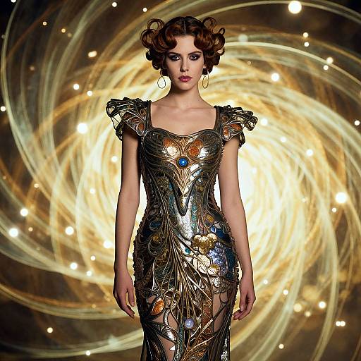 Photograph of a woman with curly brown hair in an ornate, metallic, gold and blue dress, standing against a swirling, glowing, starry