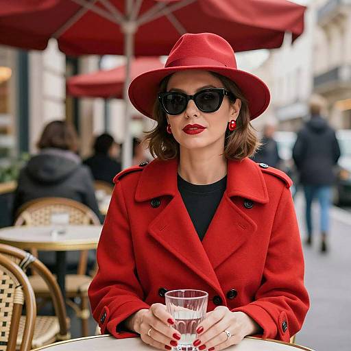 Elegant Woman in Red at Café