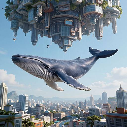 Digital art: A massive blue whale with detailed textures flies above a futuristic cityscape with hovering buildings and a clear blue sky.