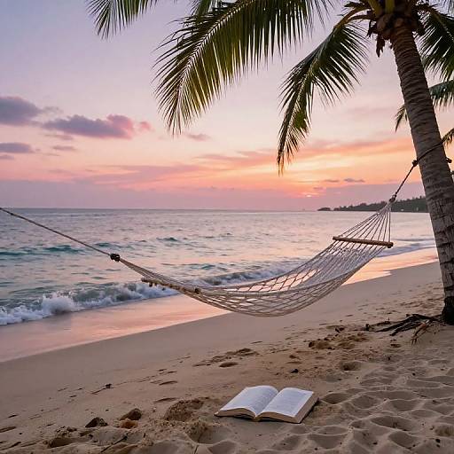Photograph of a serene beach at sunset, featuring a white hammock strung between palm trees, an open book on the sand, and gentle waves