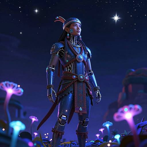 CGI image of a futuristic, armored warrior with metallic skin and tribal accessories standing under a starry night sky, surrounded by glowing flowers.