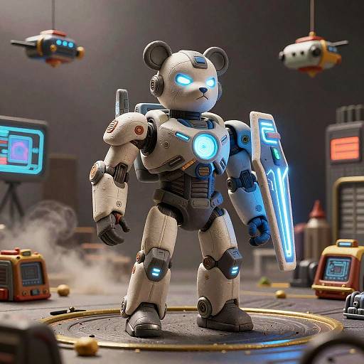 CGI image of a futuristic white bear-shaped robot with glowing blue eyes, holding a blue shield, standing on a circular platform in a sci-fi city