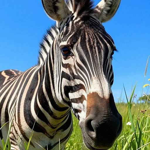 Close-up photograph of a zebra with striking black and white stripes, looking curiously at the camera, set against a bright blue sky and green grass