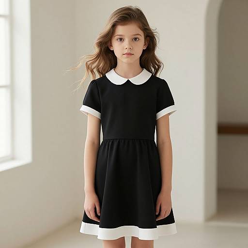 Photograph of a young girl with wavy brown hair, wearing a black dress with white collar and trim, standing in a bright, white-walled