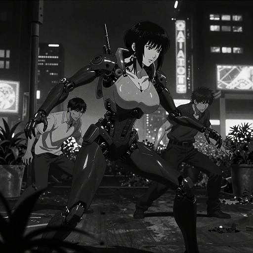 Cyberpunk night scene: armored, large-breasted woman with robotic limbs and two human males crouching, neon-lit city background, mon