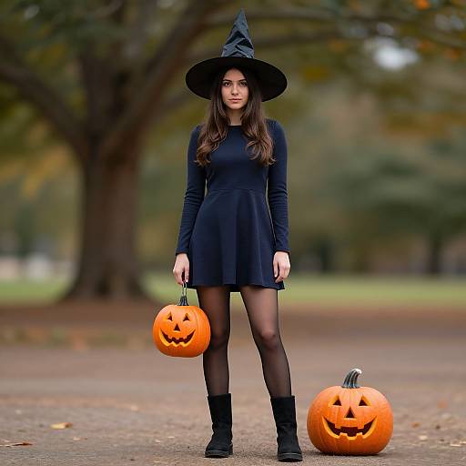 Photograph of a young woman in a black witch outfit, holding a carved pumpkin, standing in a park with two more pumpkins on the ground.