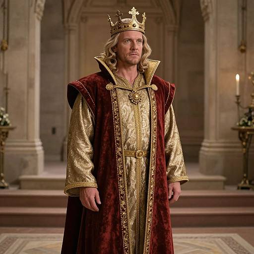 Photograph of a blond, bearded man wearing a gold and burgundy regal robe with a crown, standing in a grand, stone cathedral.