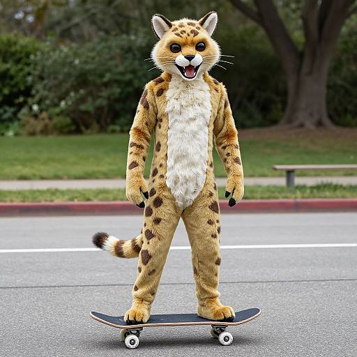 Digital illustration of a smiling, anthropomorphic cheetah with spotted fur, standing on a skateboard, in a park with trees and grass.