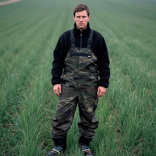 Photograph of a serious, Caucasian man with short brown hair, wearing black hoodie and camouflage overalls, standing in a lush green field.