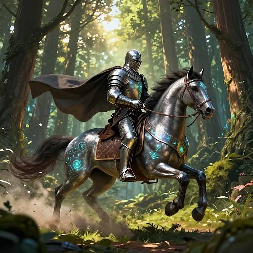Digital artwork of a shining, armored knight riding a blue-ornamented horse through a sunlit, mystical forest. Dust rises from the horse's