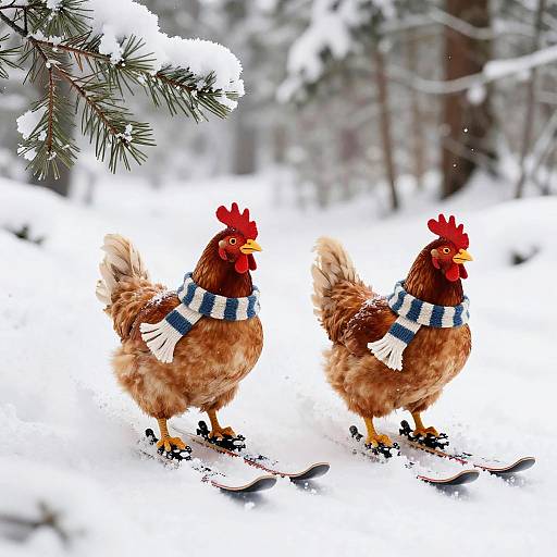 Charming Skiing Chickens in Winter