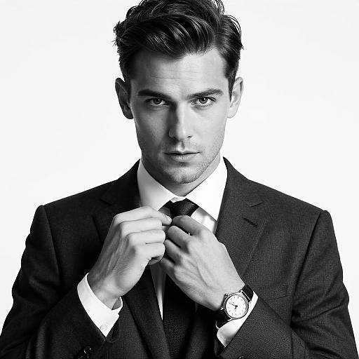Black-and-white photograph of a handsome man with short, dark hair, wearing a suit, tie, and watch, adjusting his tie.
