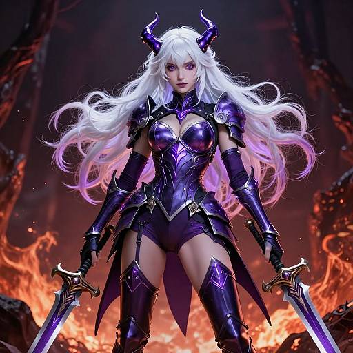 Digital artwork of a fierce, white-haired demon woman with purple horns, black and purple armor, and glowing purple eyes, standing amidst flames, holding two