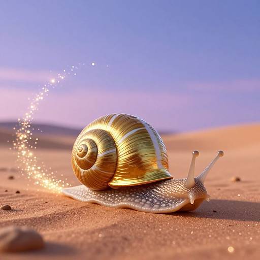Photograph of a golden spiral snail with glowing shell, emitting sparkles, moving on sunlit sandy beach under a clear blue sky.