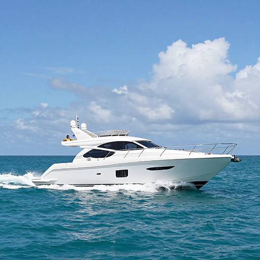 Photograph of a sleek white yacht speeding through vibrant blue ocean waters under a bright, partly cloudy sky.