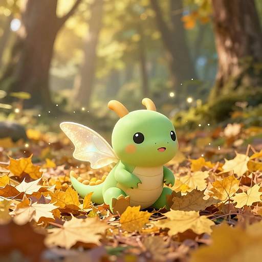 Photograph of a cute, green, dragon-like creature with tiny wings, sitting on autumn leaves in a sunlit forest. Warm, golden light filters