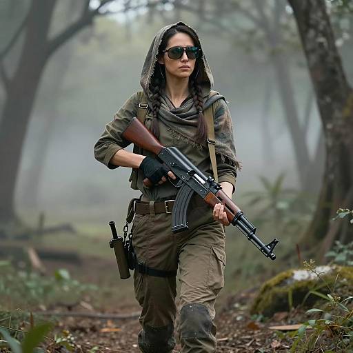 Stylized Woman with AK-47 in Forest