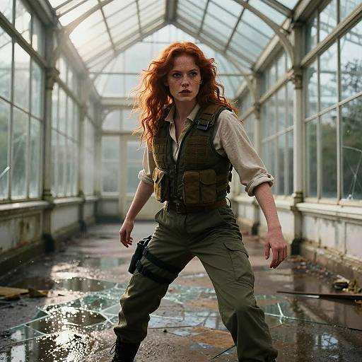 Photograph of a determined red-haired woman with curly hair, wearing a tactical vest and green cargo pants, standing in a sunlit, glass-roof