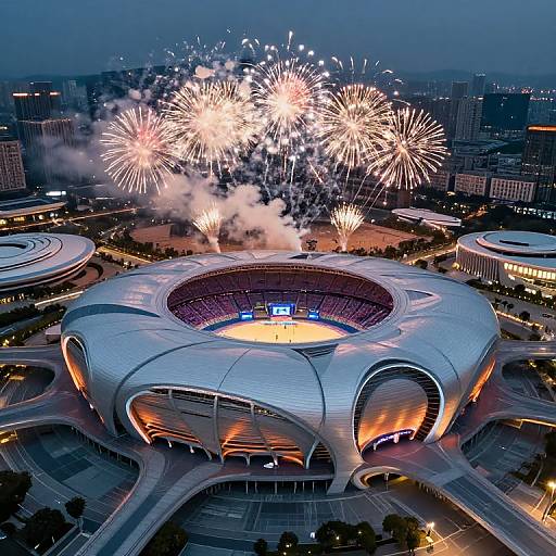 Photograph of a futuristic stadium at night, illuminated with bright fireworks exploding above, surrounded by city buildings and highways.