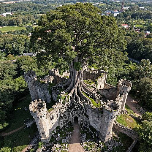 Aerial photograph of an ancient, stone castle with a massive, gnarled tree growing through its center, surrounded by dense greenery.