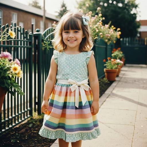 Smiling toddler girl in pastel rainbow dress outdoors