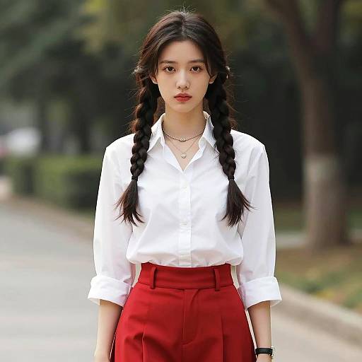 Young Woman in White Shirt and Red Skirt Outdoors