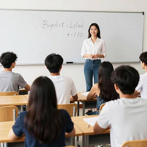 Smiling Teacher at Whiteboard Engaging Students