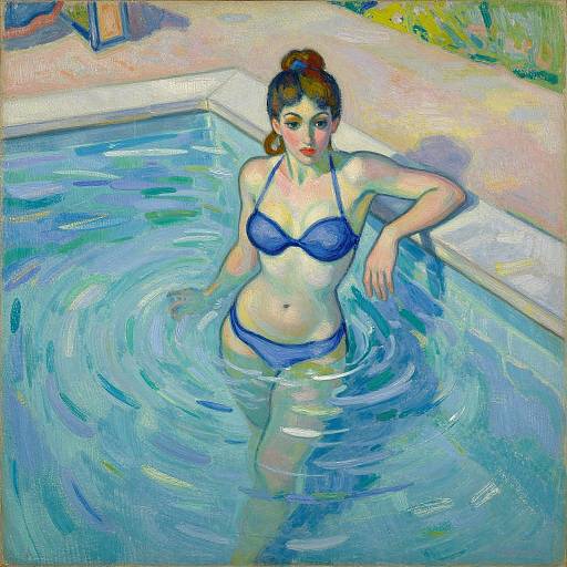 Impressionist-style painting of a fair-skinned woman with red hair in a blue bikini, standing in a pool, hand on edge.
