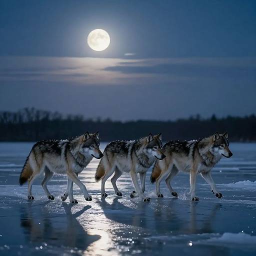 Photograph of four wolves walking on a frozen lake at night, illuminated by a full moon in a dark blue sky.