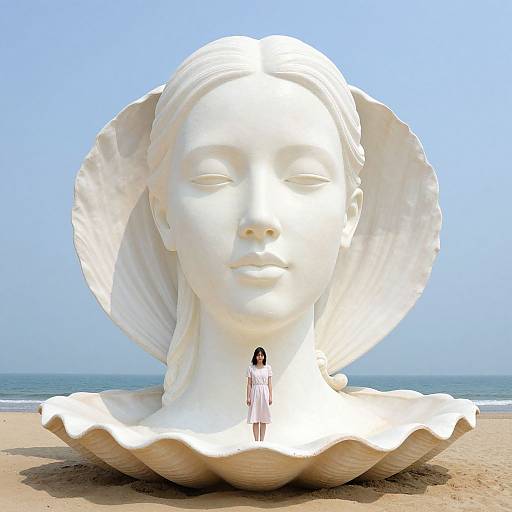 Photograph of a white marble sculpture of a serene woman's face with a large shell, standing on a beach, with a small Asian woman in white