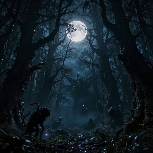 Digital art: Dark, eerie forest under a glowing full moon, with twisted, shadowy trees and a menacing, horned creature lurking in the mist