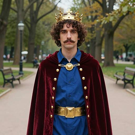 Photograph of a curly-haired man with a mustache wearing a golden crown, royal blue shirt, red velvet cape, gold belt, standing in a
